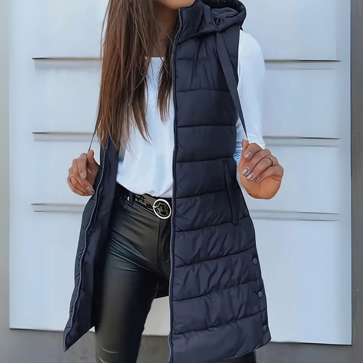 Rebeca | Vest lung pufos fără mâneci, cu glugă, casual