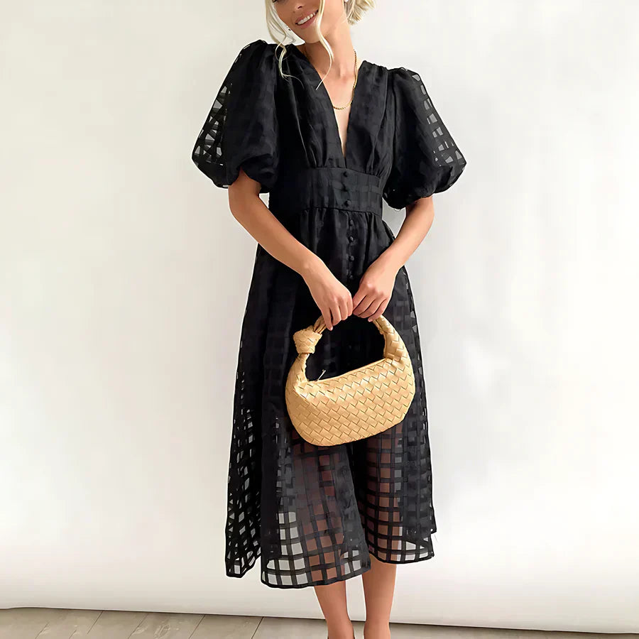 Caelis | Rochie Midi cu Mâneci Puff și Model Clasic