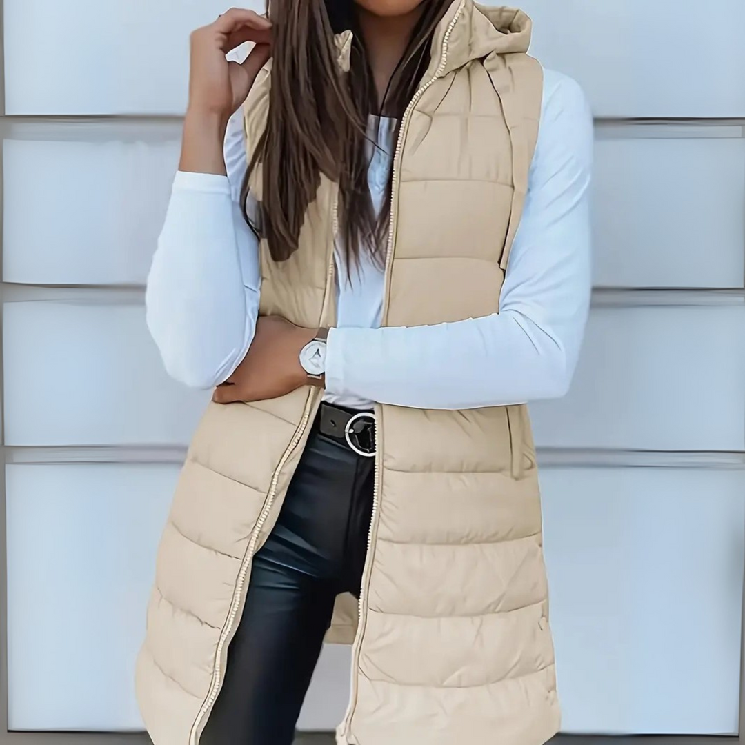 Rebeca | Vest lung pufos fără mâneci, cu glugă, casual
