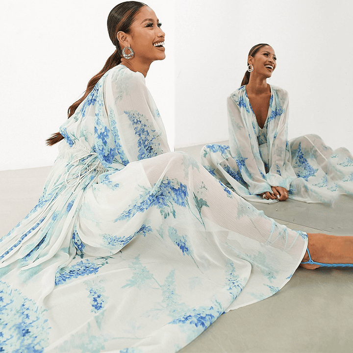 MONROE – ROCHIE MAXI DIN CHIFFON CU FLORI OCEANICE