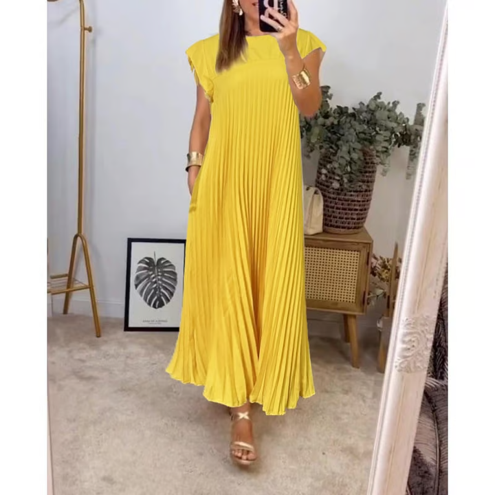 Rochie maxi plisată cu mânecă scurtă pentru femei
