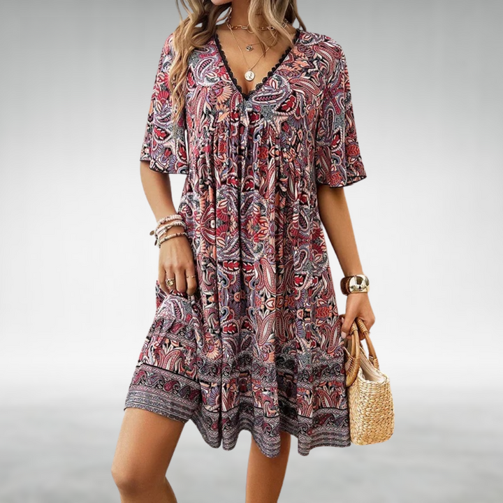 Saylor - Rochie de Vară cu Imprimare Paisley Boho și Decupaj în V
