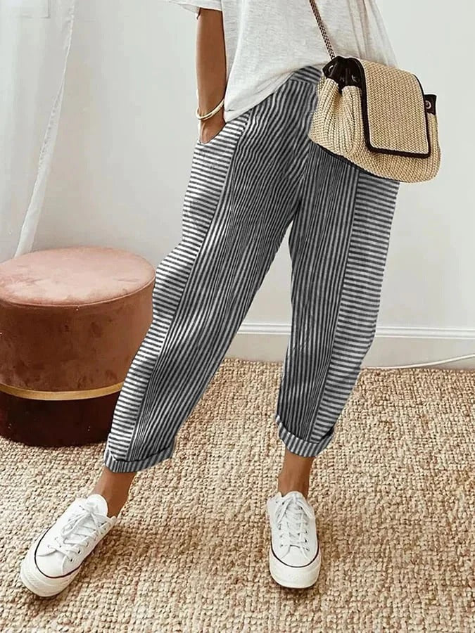 Celia | Pantaloni din Bumbac Rayat Clasic