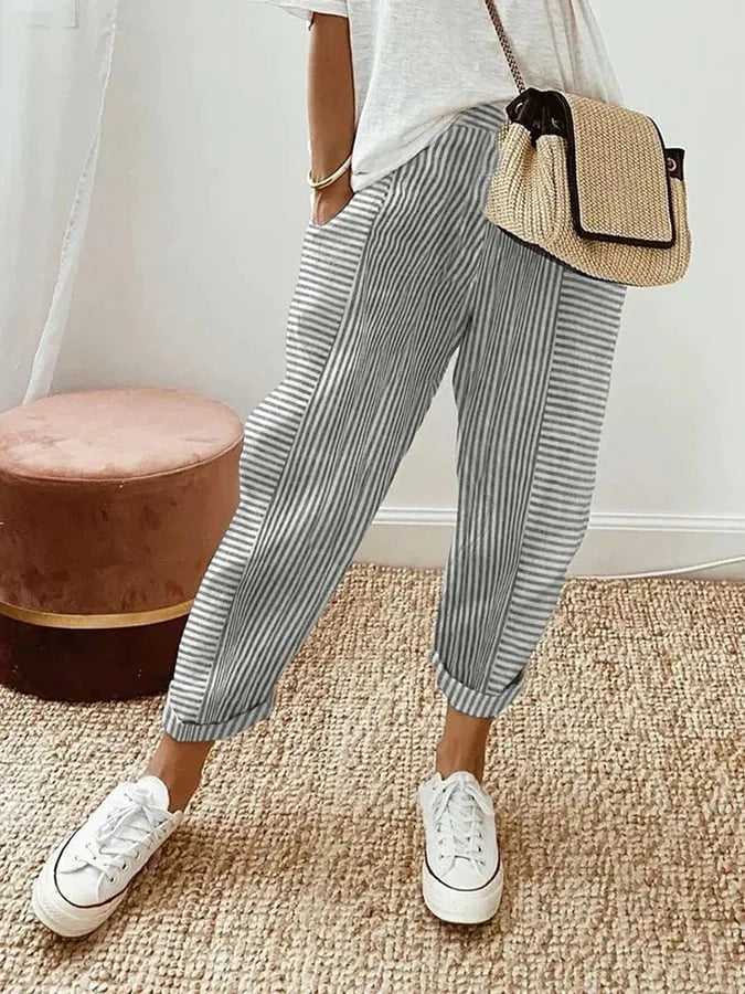 Celia | Pantaloni din Bumbac Rayat Clasic
