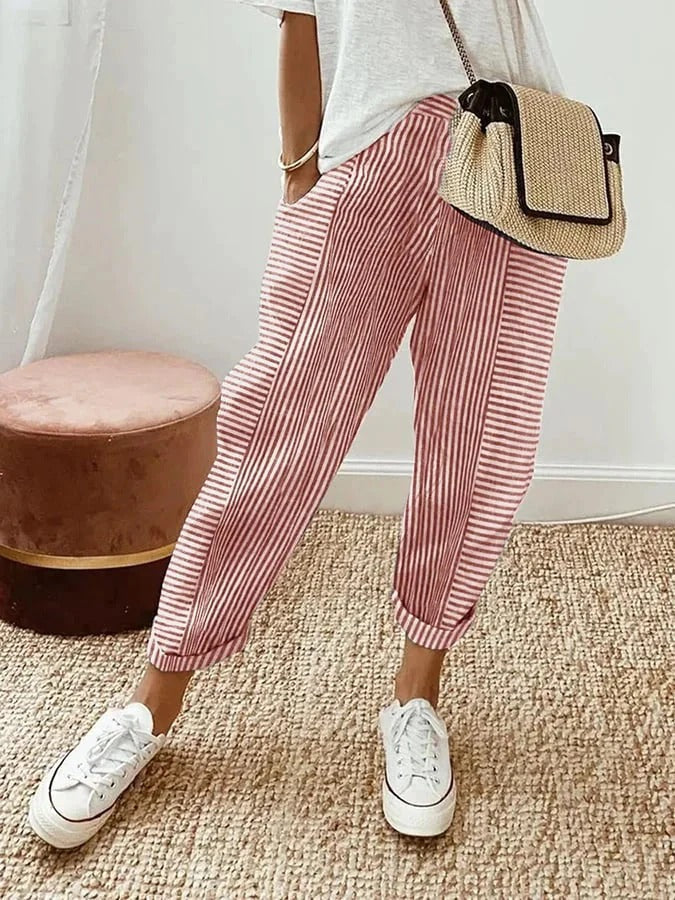 Celia | Pantaloni din Bumbac Rayat Clasic