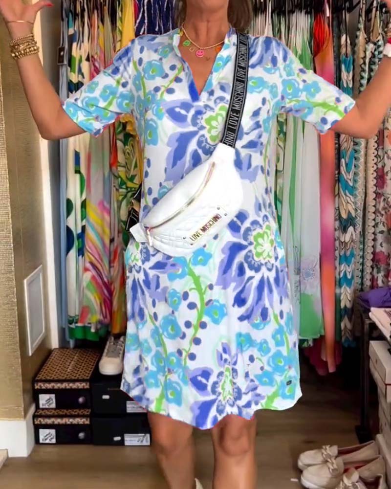 Ivendra | Rochie Midi cu Mâneci Scurte și Imprimare Florală