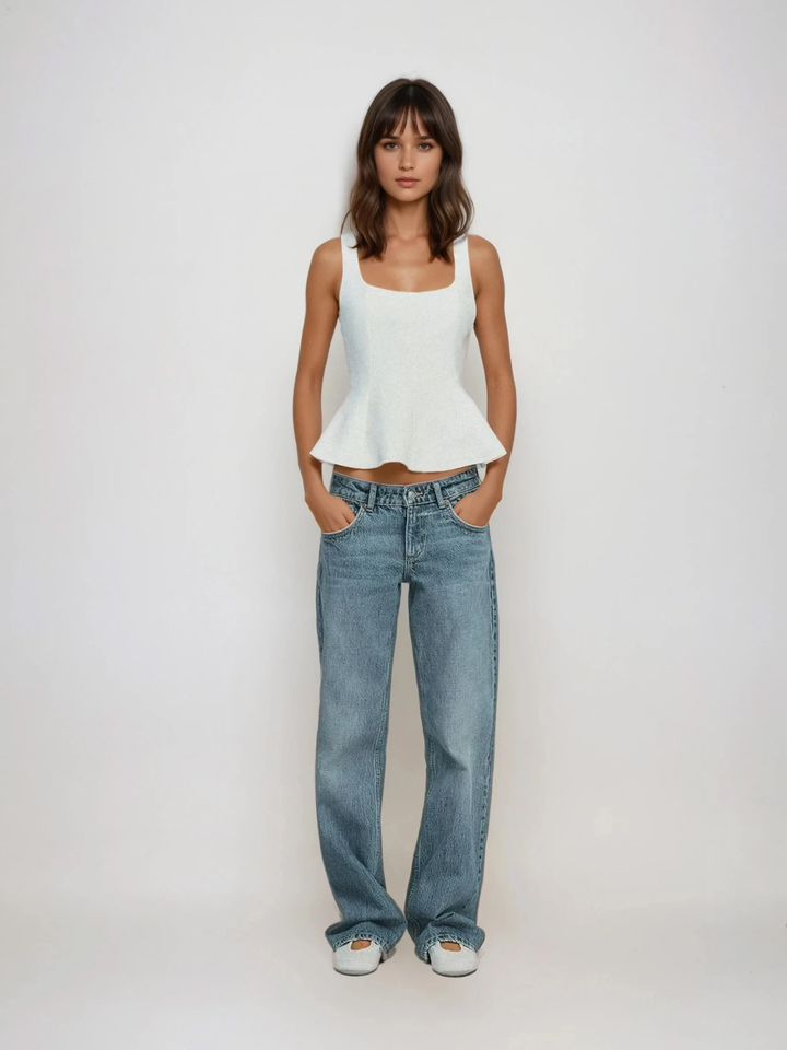 Top peplum fără mâneci cu guler pătrat, slim-fit