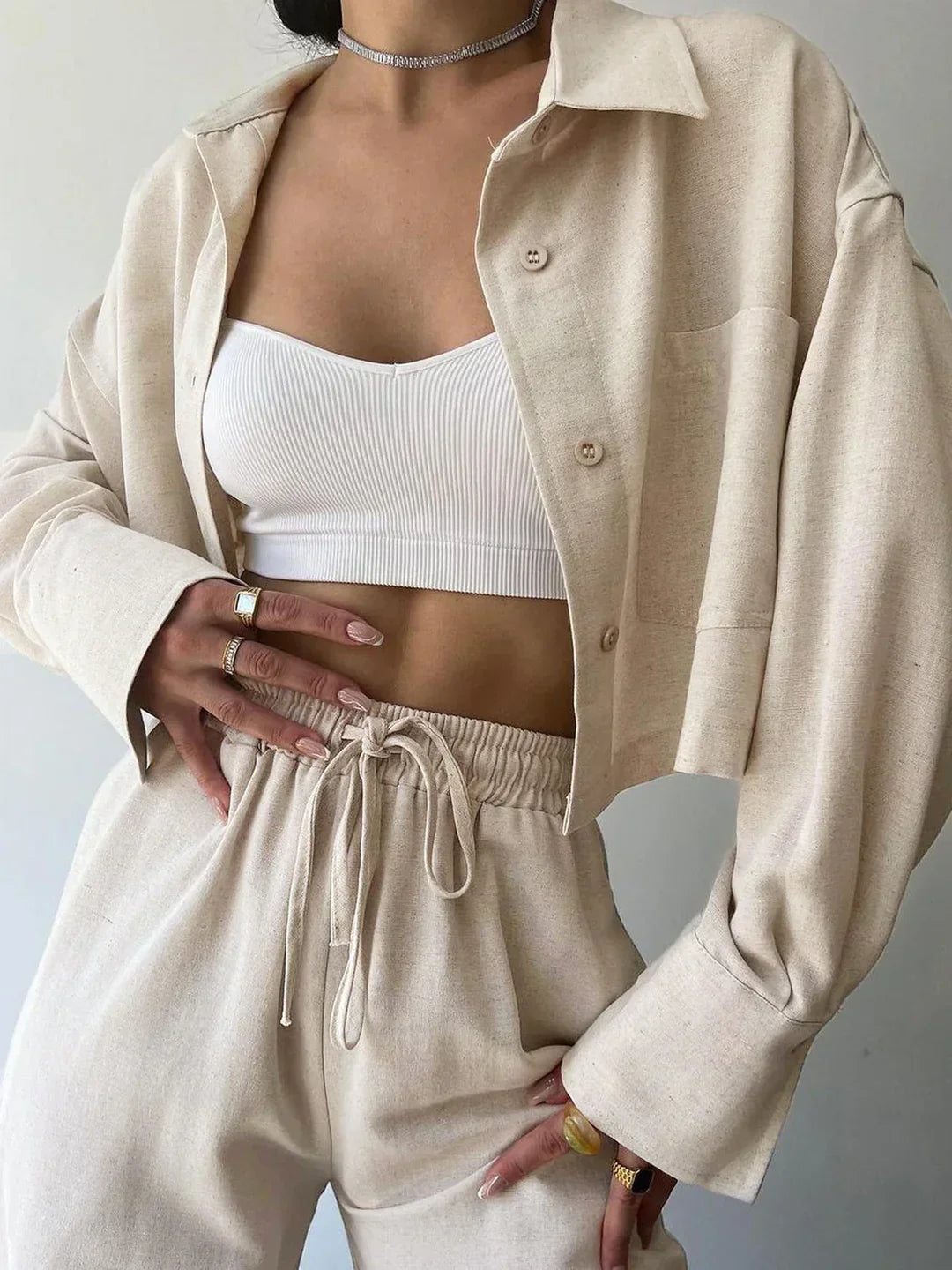 Set de pantaloni din două piese cu guler și șnur, casual