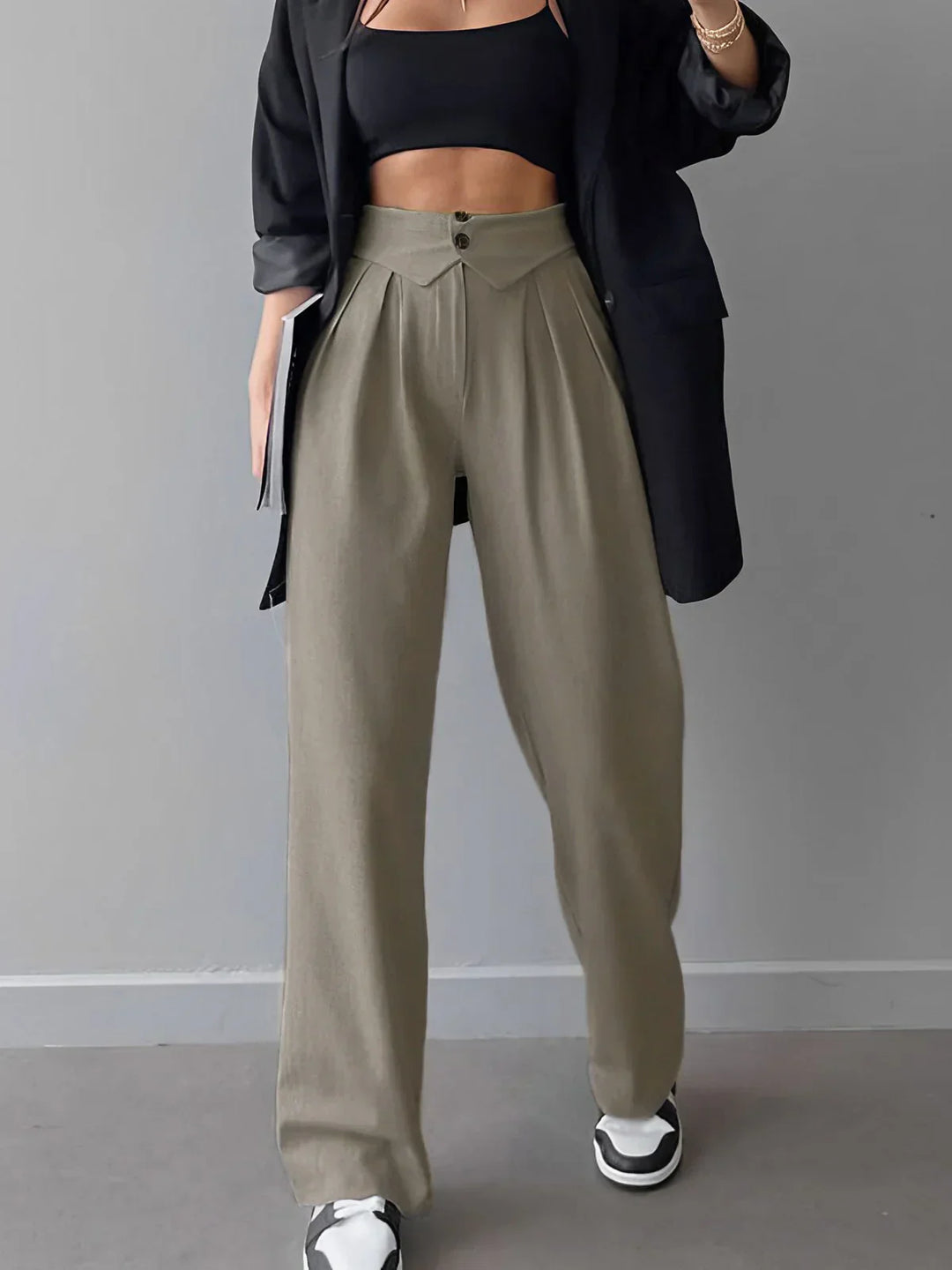 Pantaloni de birou cu talie înfășurată și picior drept