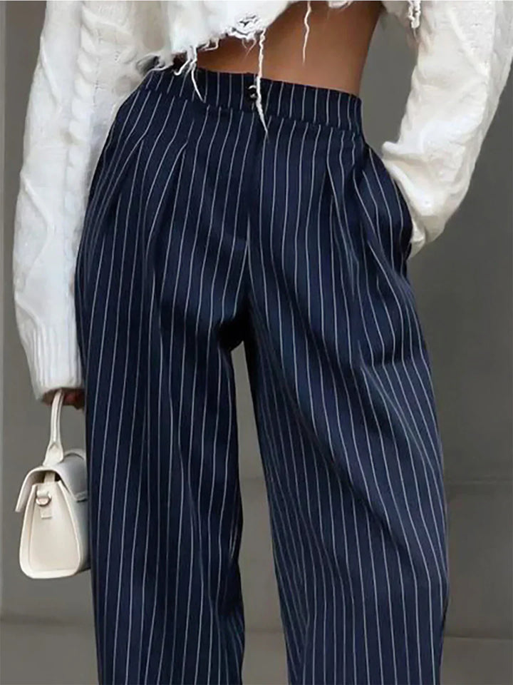 Pantaloni de birou cu pliuri și picior larg cu dungi