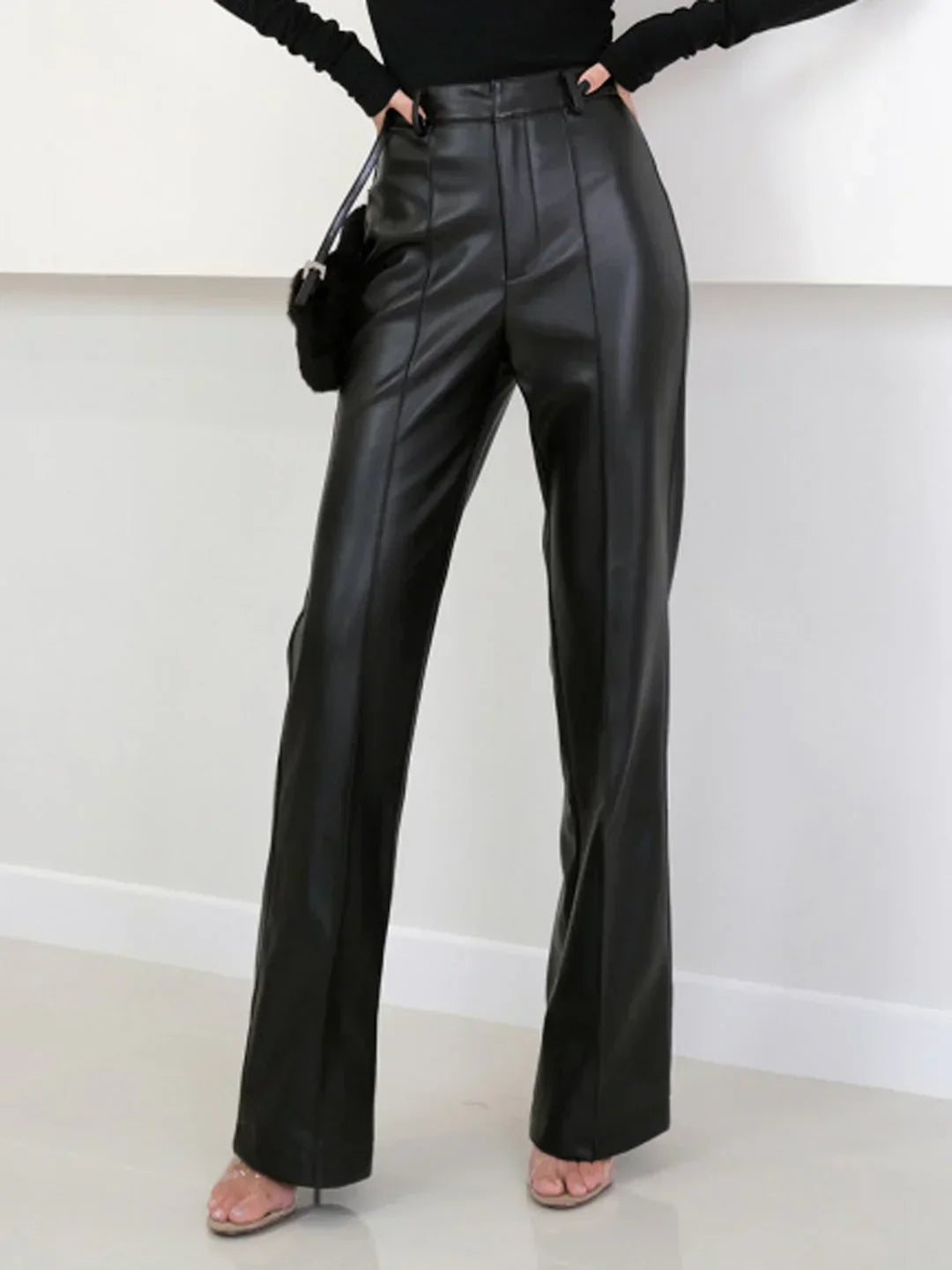 Pantaloni Eleganți din Piele Ecologică cu Talie Înaltă