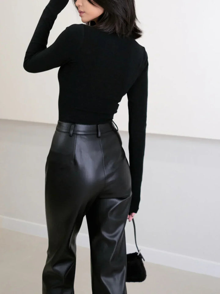 Pantaloni Eleganți din Piele Ecologică cu Talie Înaltă