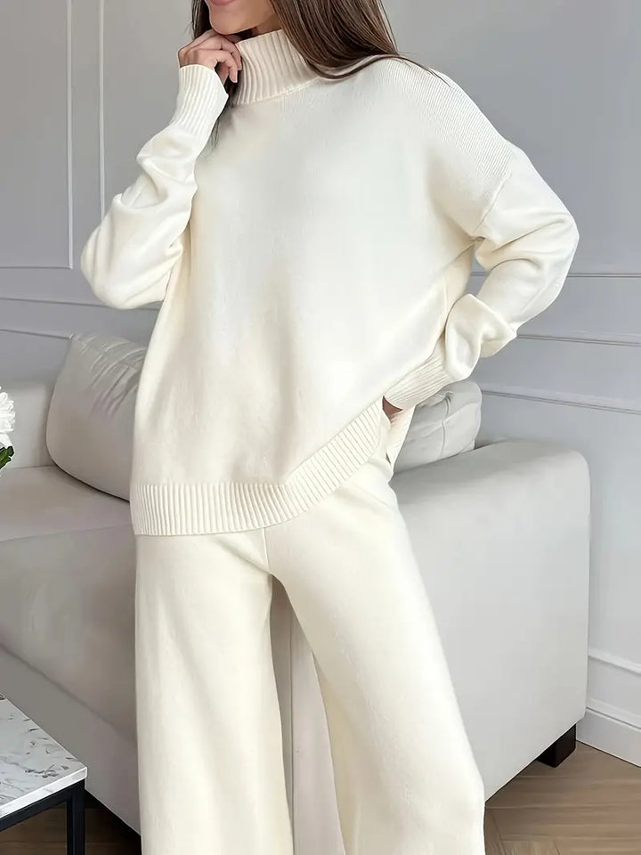 Set de tricot cu guler înalt de culoare solidă