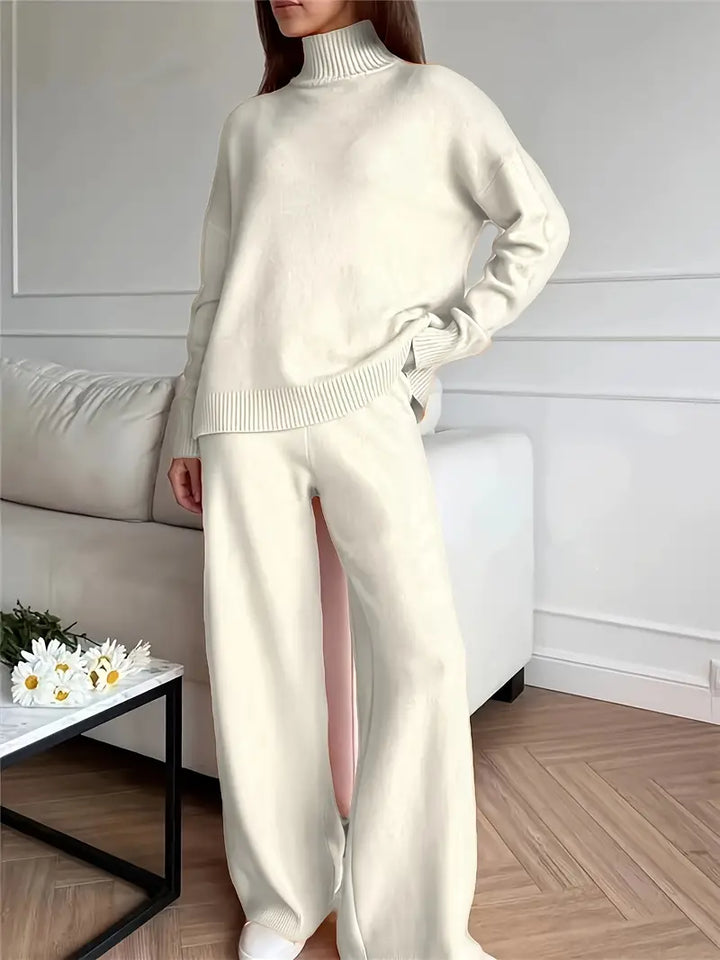 Set de tricot cu guler înalt de culoare solidă