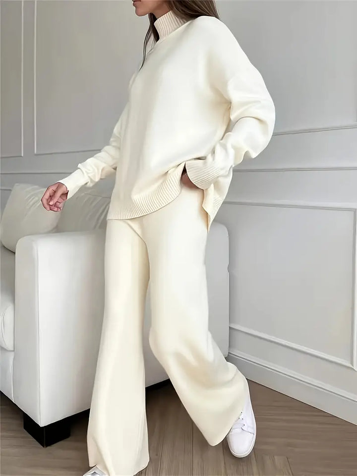 Set de tricot cu guler înalt de culoare solidă