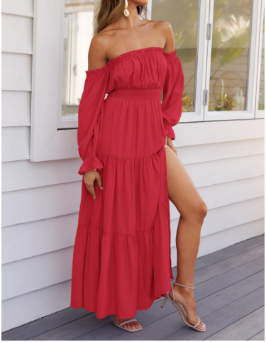 KENDRA – ROCHIE MAXI OFF-SHOULDER CU ROMANTISM UȘOR